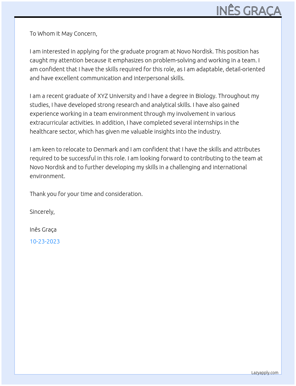 graduate programme At NovoNordisk Cover Letter