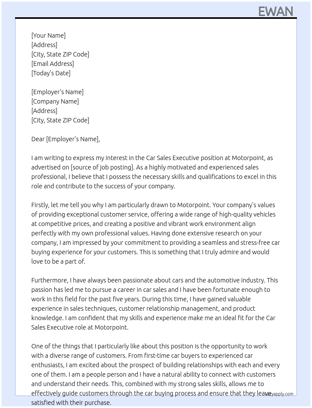 Car sales executive  At Motorpoint  Cover Letter