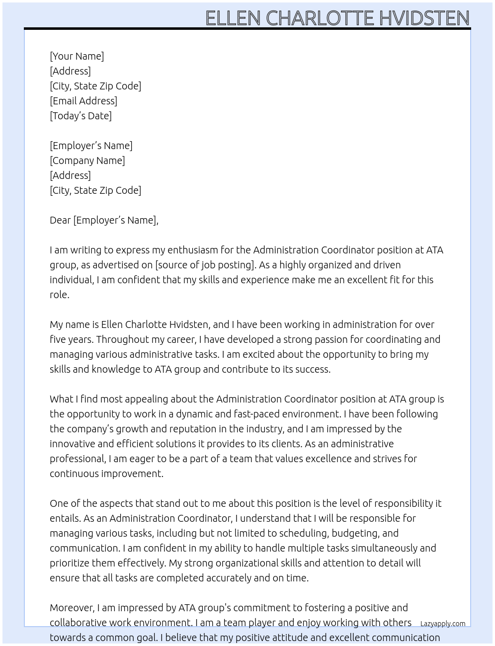 administration coordinator At ATA group Cover Letter
