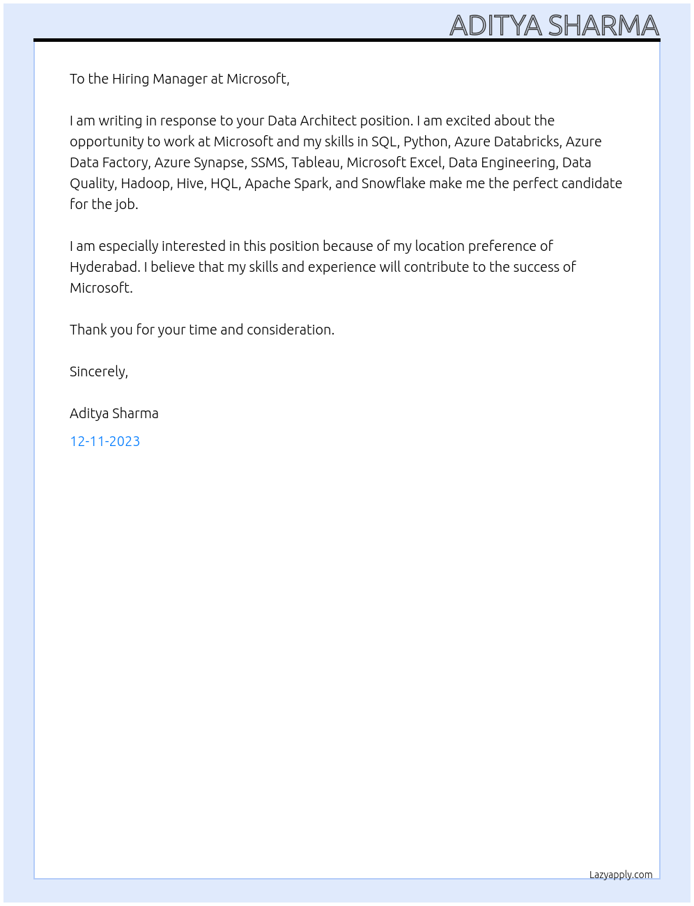 Data Architect At Microsoft Cover Letter