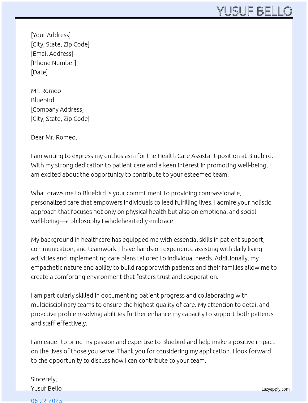 Health Care Assistant At Bluebird Cover Letter