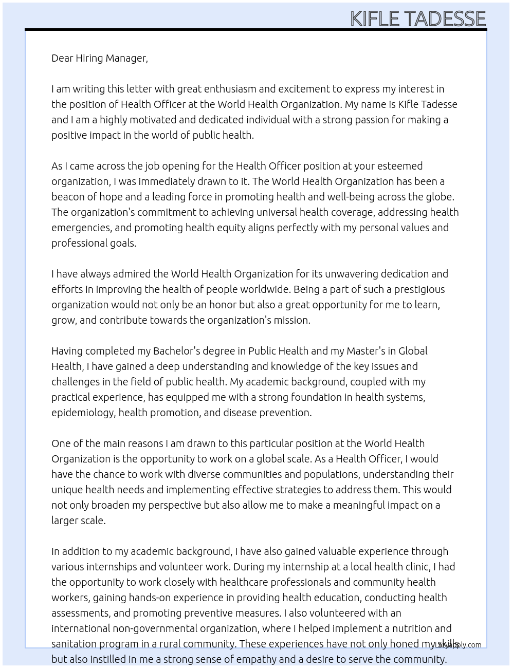 Health Officer At World Health Organization Cover Letter