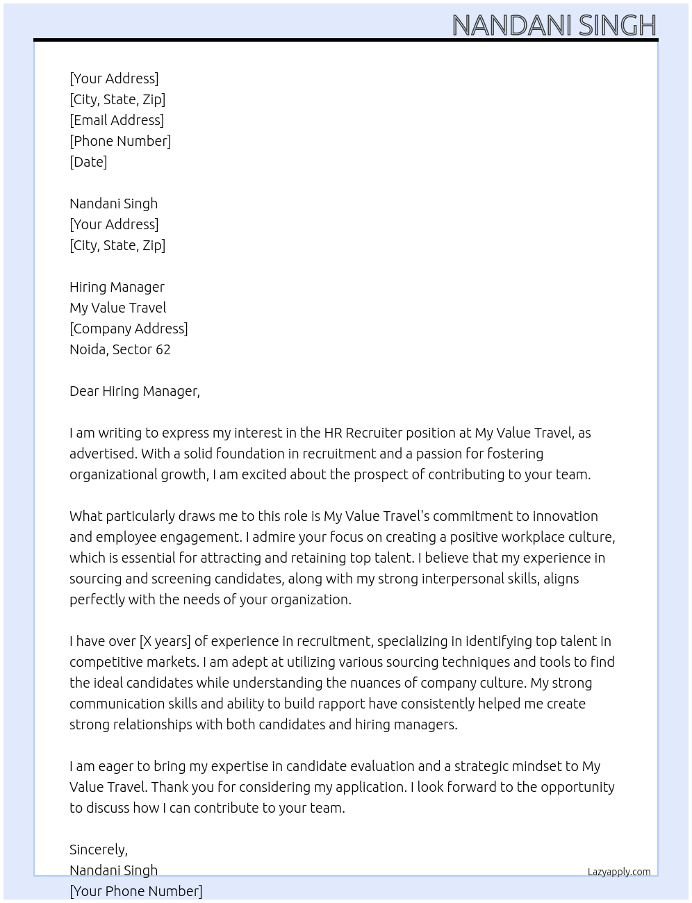 Cover letter for hr recruiter - LazyApply