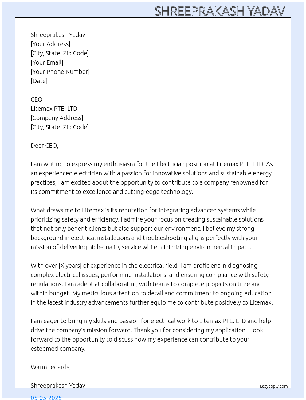 Electrician At Litemax PTE. LTD Cover Letter