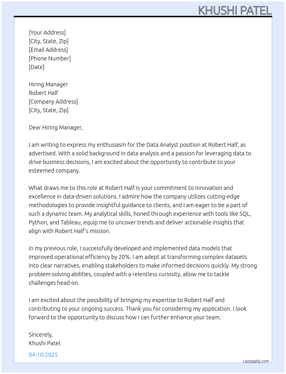 Data analyst At Robert Half Cover Letter