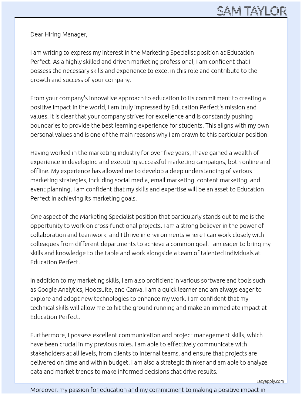 Marketing Specialist At Education Perfect Cover Letter