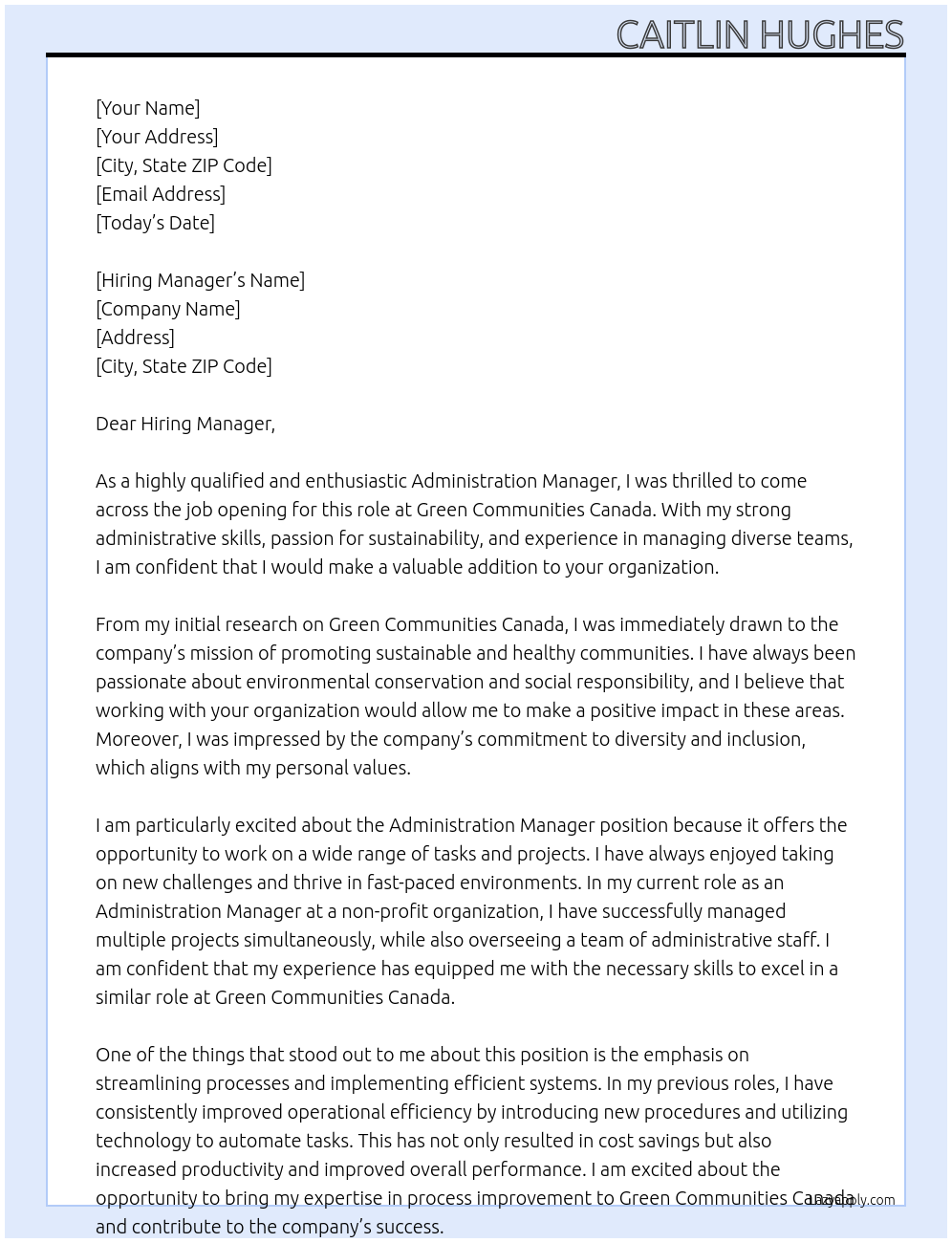 Administration Manager At Green Communities Canada Cover Letter