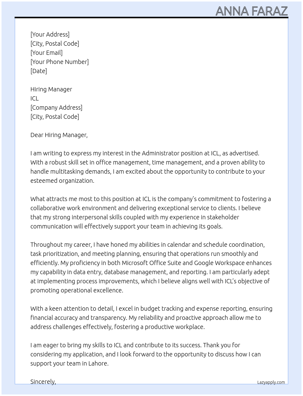 Administrator At ICL Cover Letter