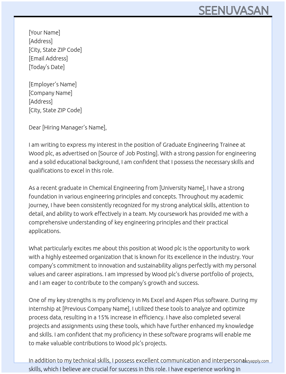 Graduate engineering trainee At Wood plc Cover Letter