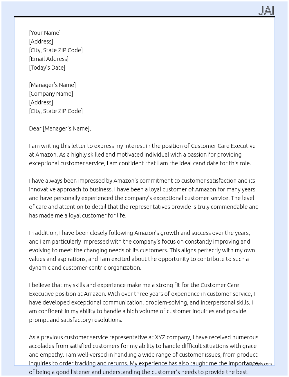 Customer Care Executive At Amazon Cover Letter