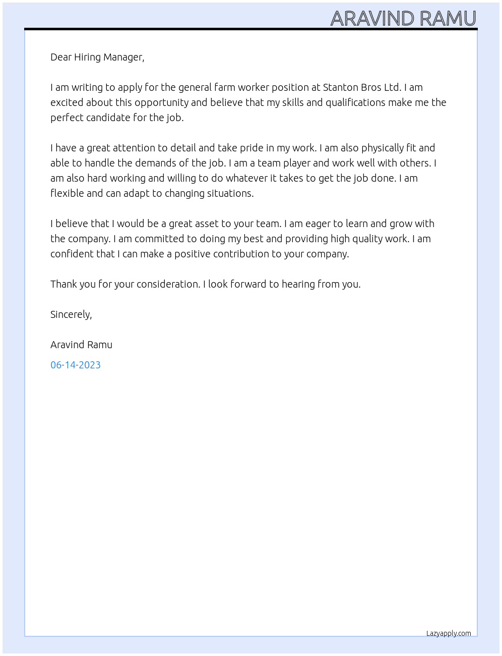 General farm worker At Stanton Bros Ltd Cover Letter