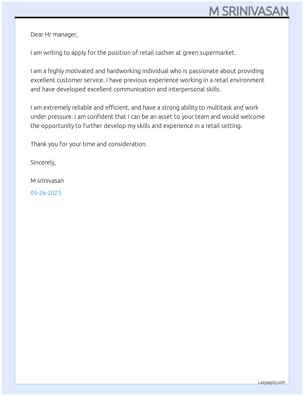 retail cashier At green supermarket Cover Letter