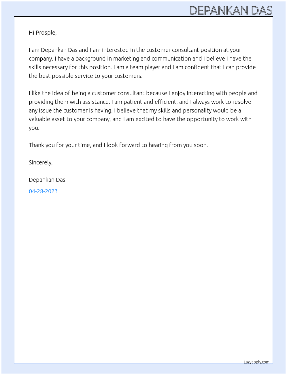 customer consultant At Prosple Cover Letter
