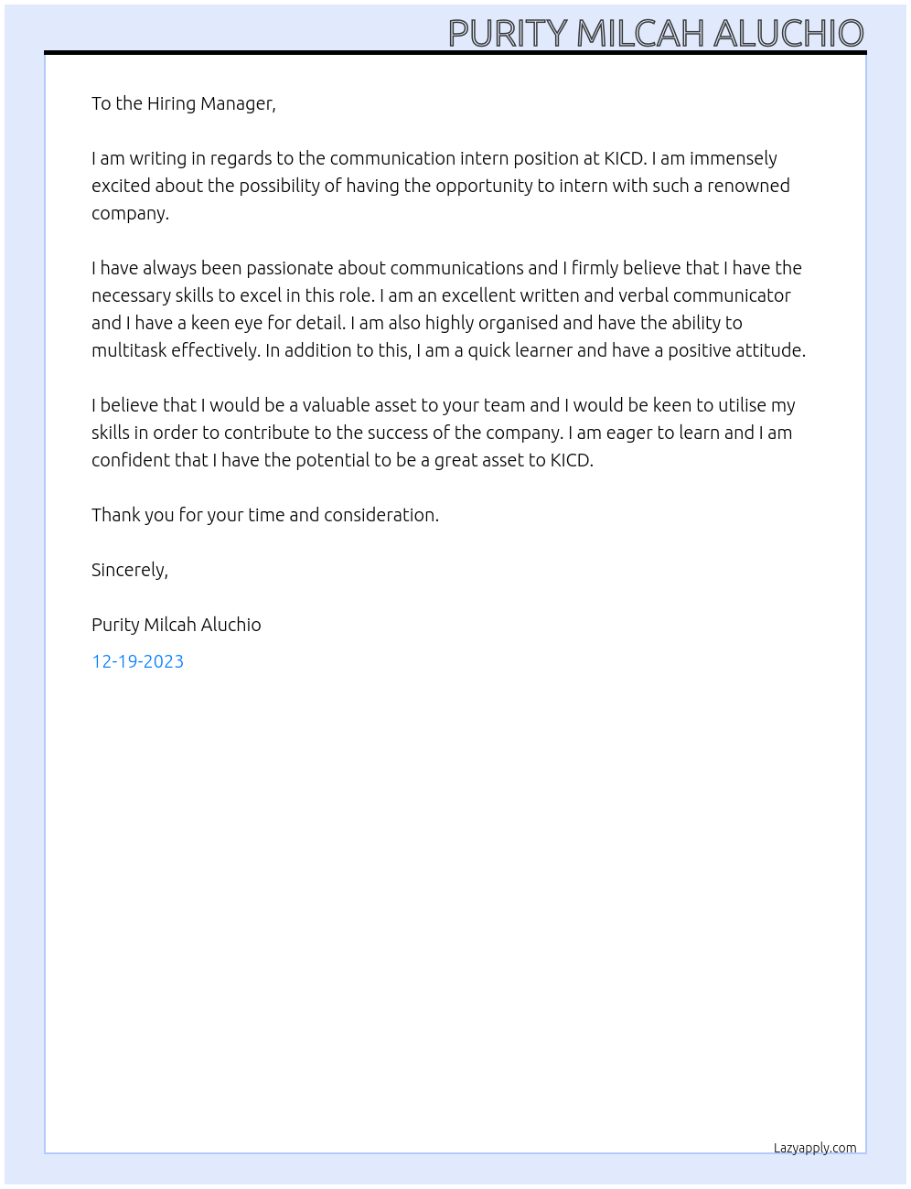 Communication intern At KICD Cover Letter