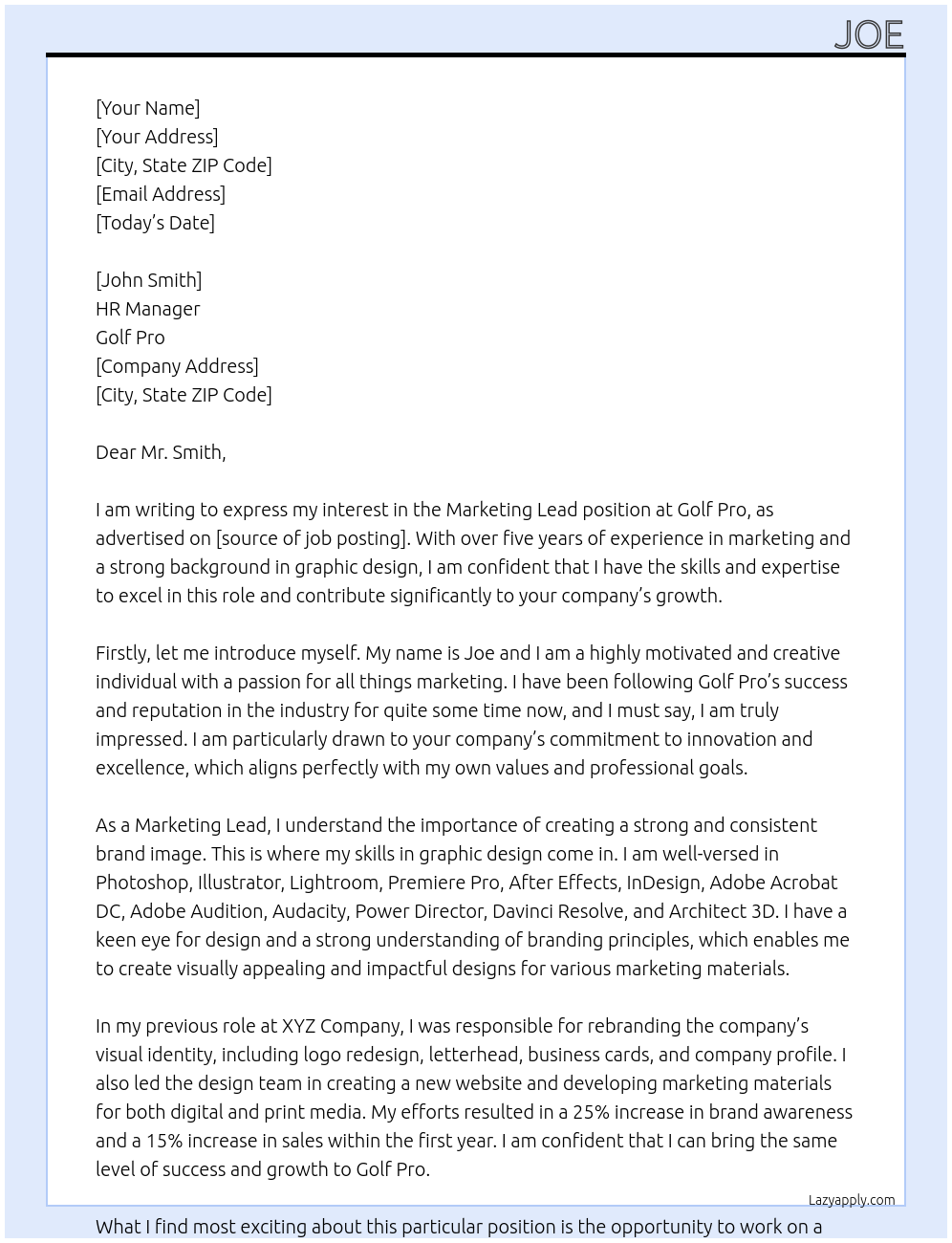 marketing lead At golf pro Cover Letter