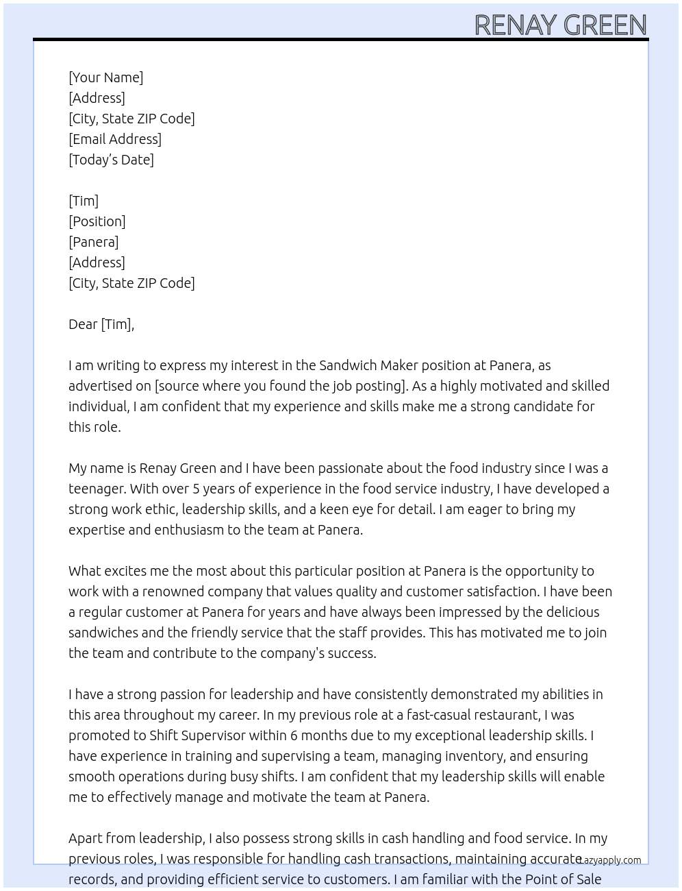 Sandwhich maker At Panera Cover Letter