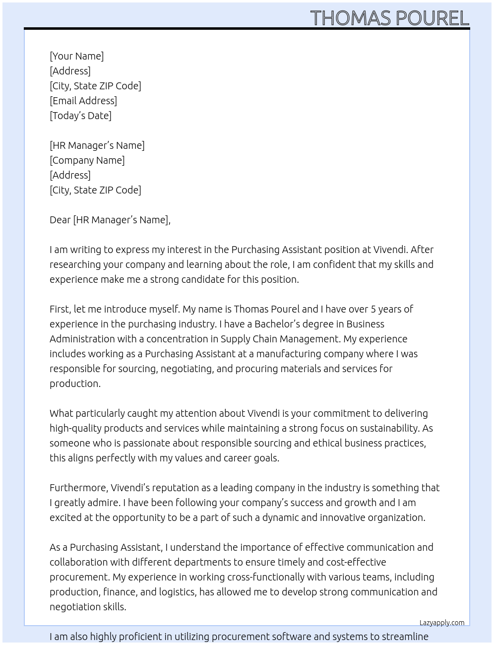 Purchasing Assistant At Vivendi Cover Letter