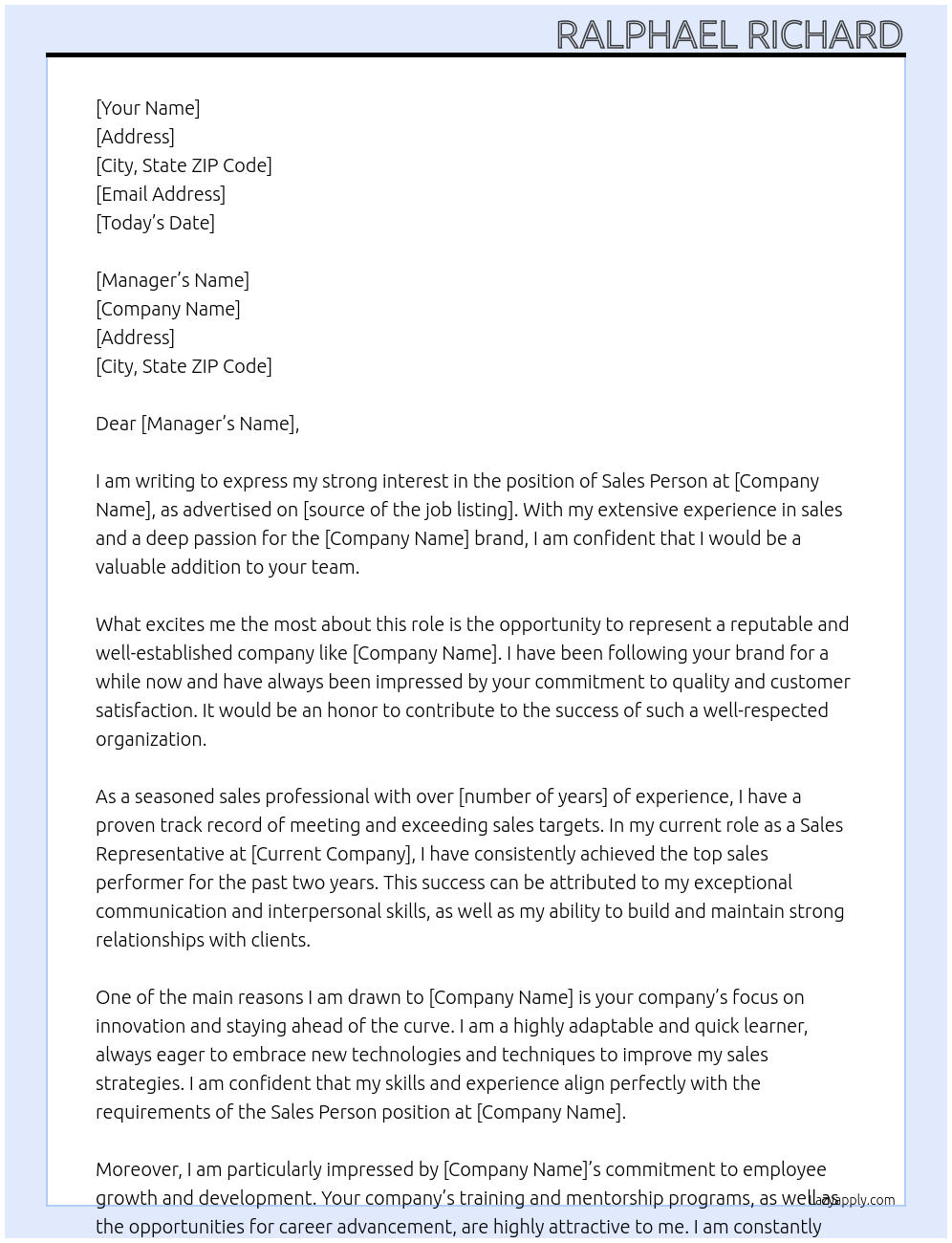 Sales Person At Company Cover Letter