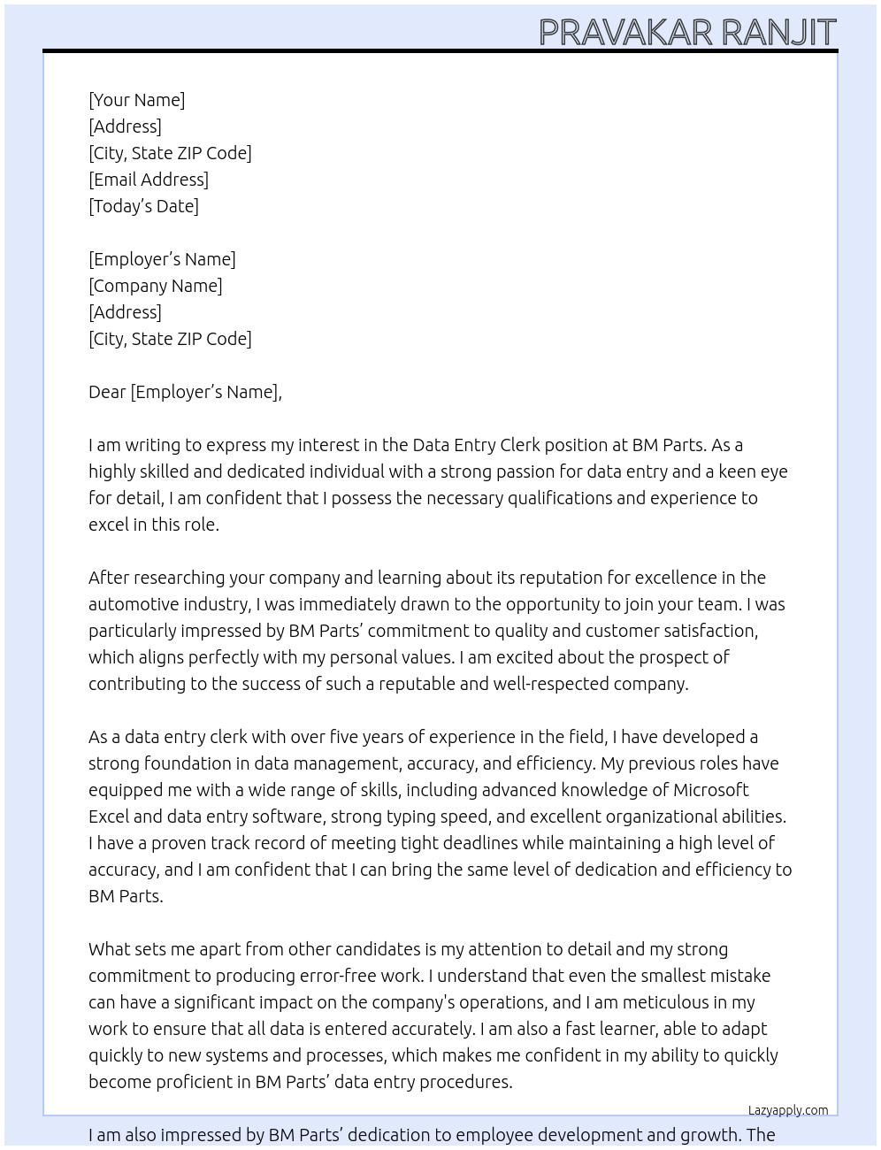 data entry clerk At BM Parts Cover Letter