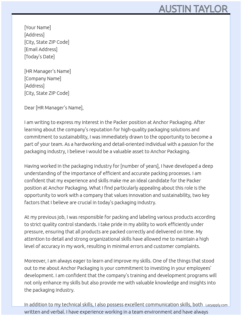 Packer  At Anchor Packaging  Cover Letter