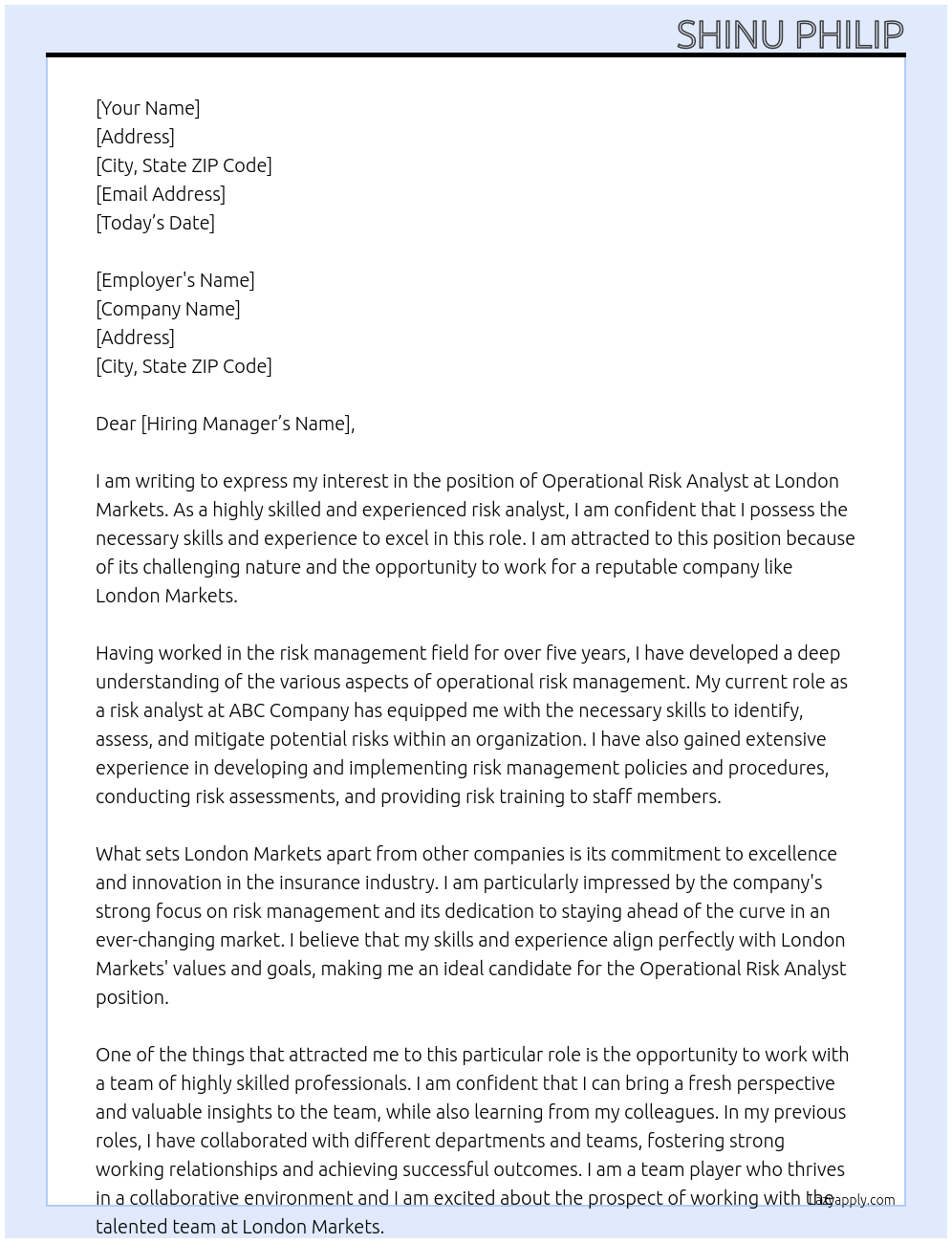 Operational Risk Analyst At London markets Cover Letter