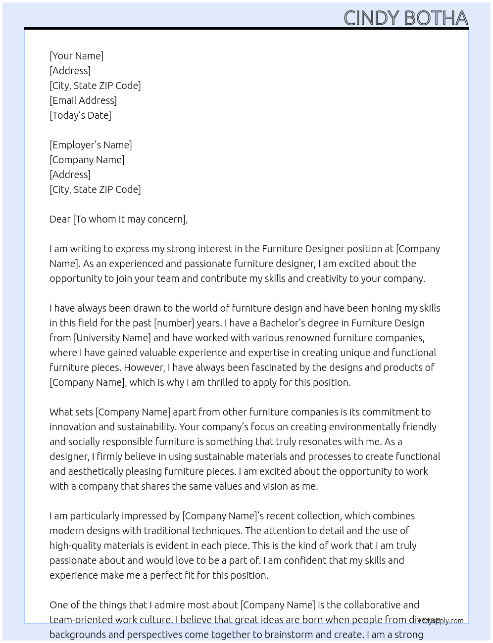 Furniture Designer At o Cover Letter