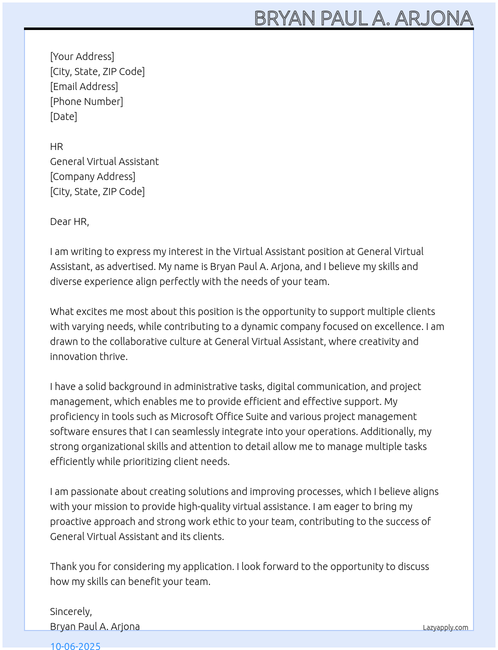 Virtual Assistant  At General Virtual Assistant  Cover Letter