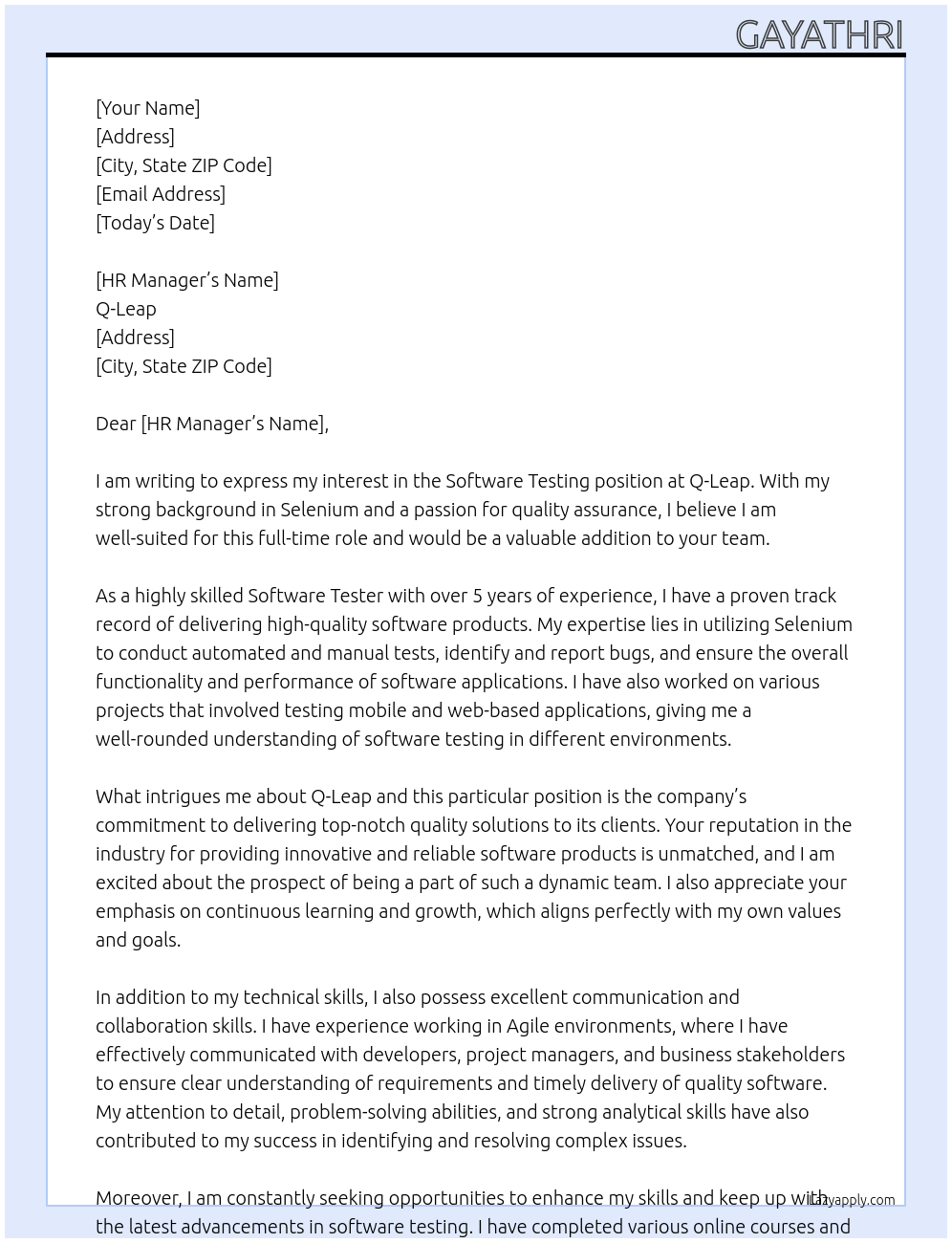 Software testing At q-leap Cover Letter