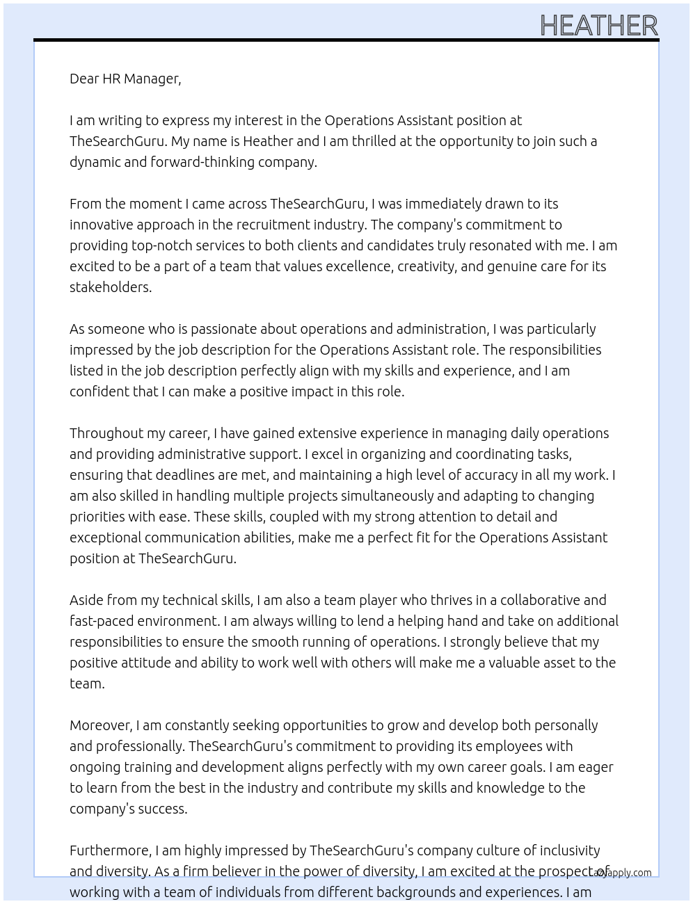 Operations Assistant At TheSearchGuru Cover Letter