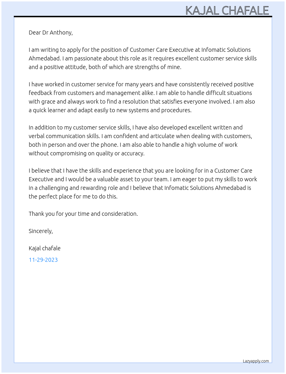 Customer care executive At Infomatic Solutions Ahmedabad Cover Letter