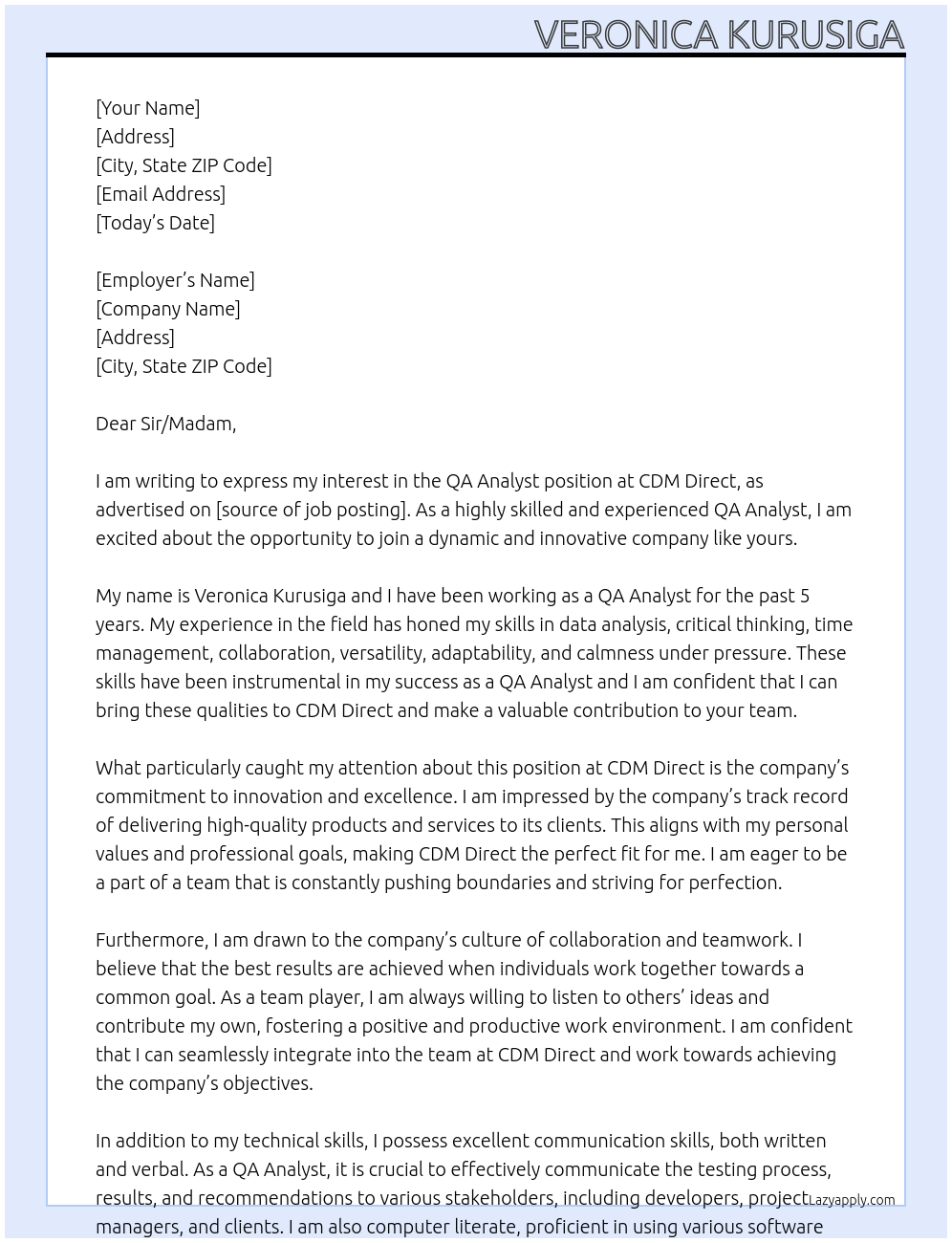 QA Analyst At CDM Direct Cover Letter