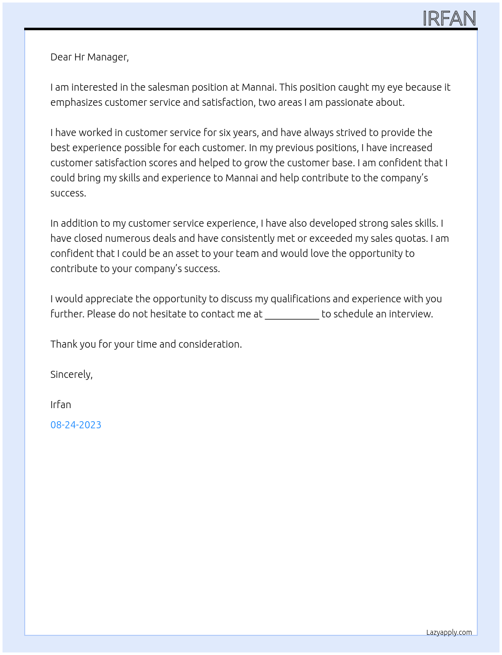 salesman At mannai Cover Letter