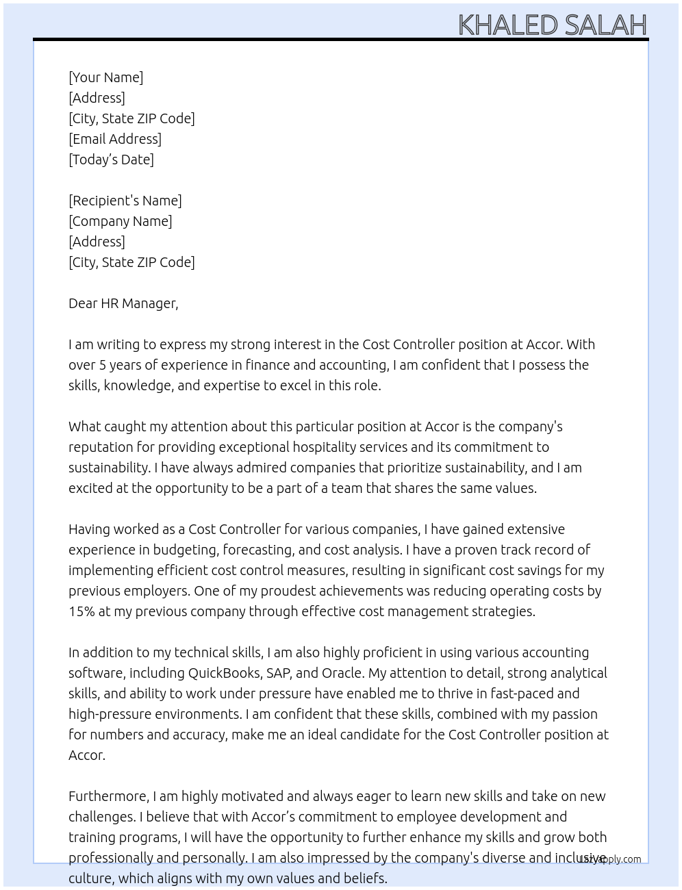 cost controller At accor Cover Letter