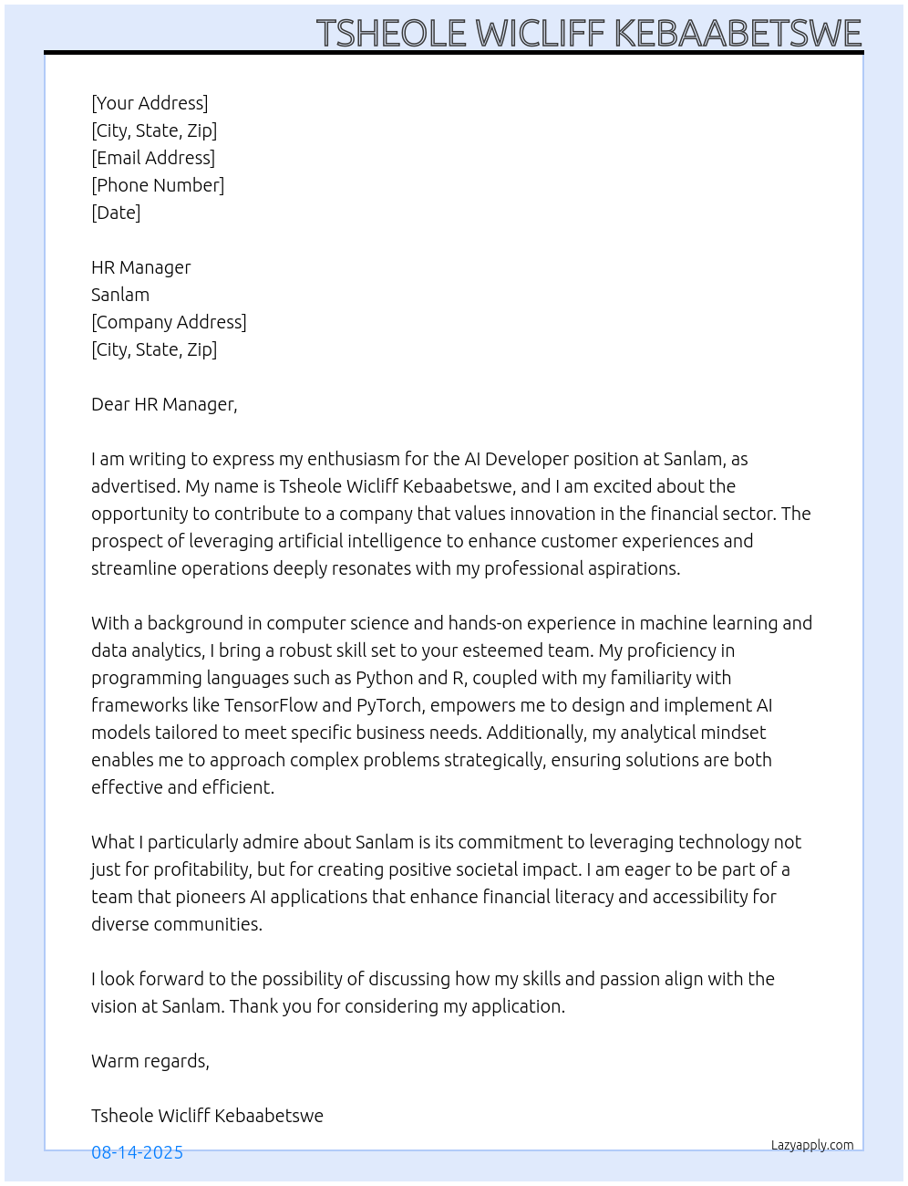 Cover letter for ai developer - LazyApply