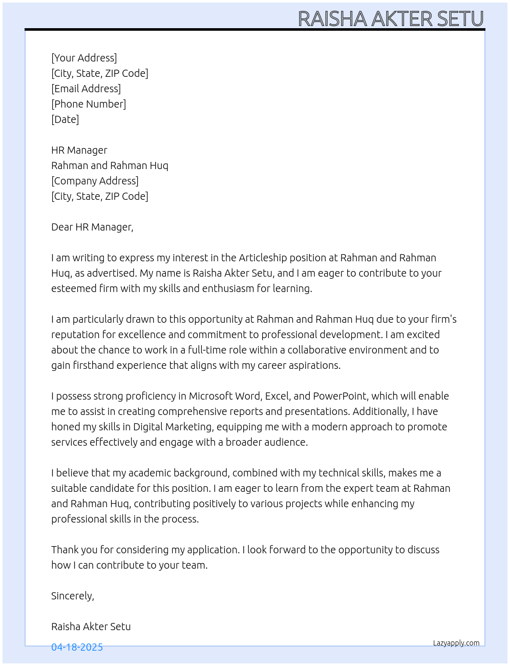 Articleship At Rahman and Rahman Huq Cover Letter