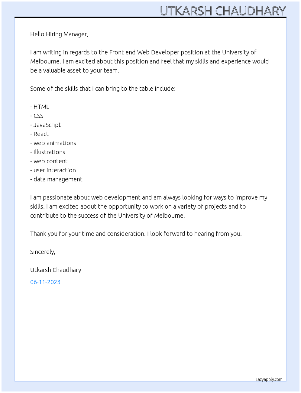 Front end Web Developer  At University of Melbourne  Cover Letter