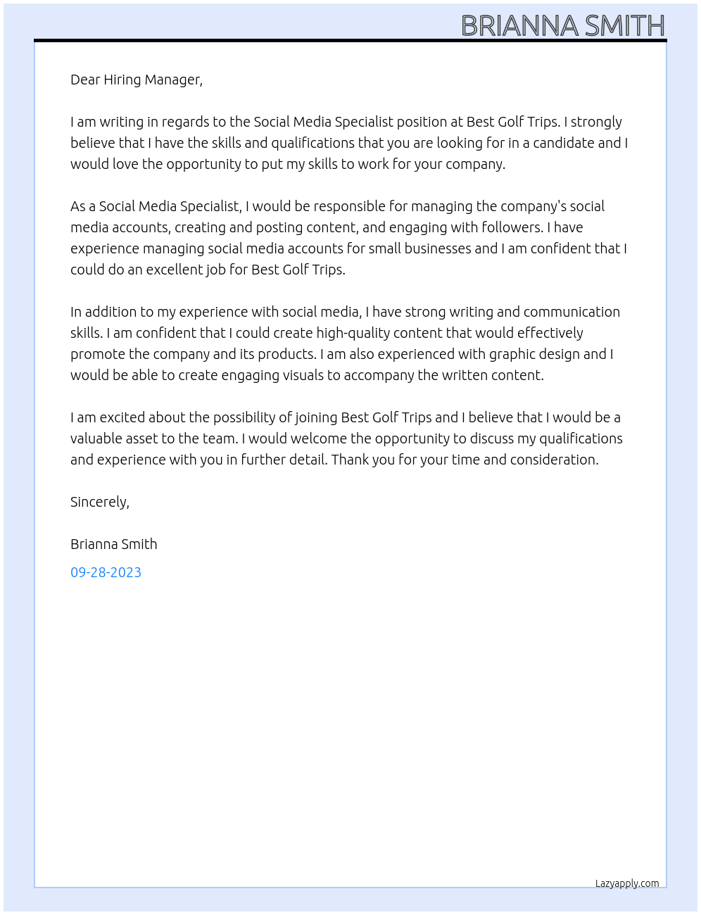 Social Media Specialist At Best Golf Trips Cover Letter