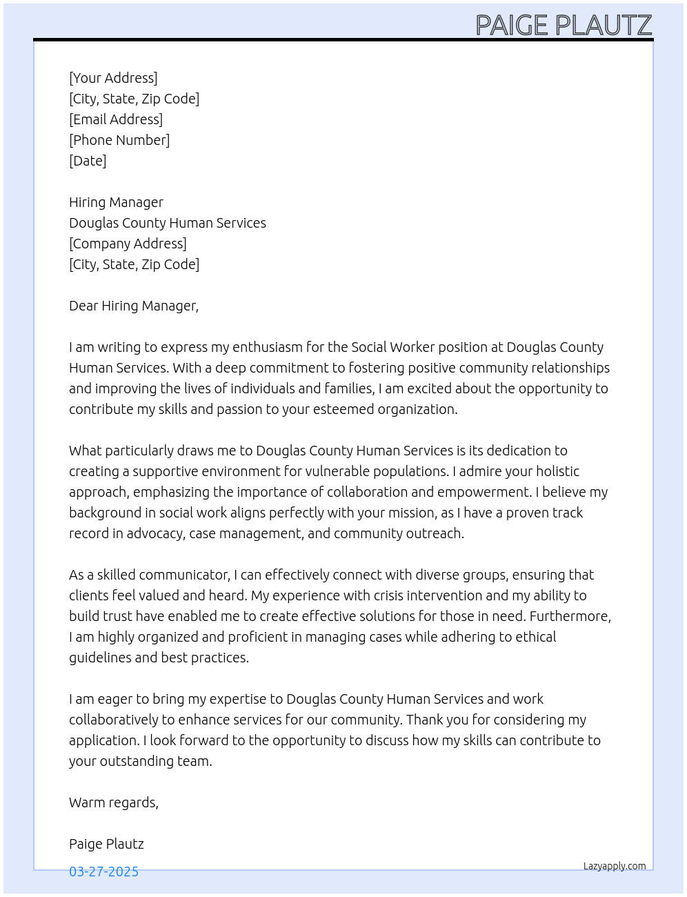 Social Worker At Douglas County Human Services Cover Letter