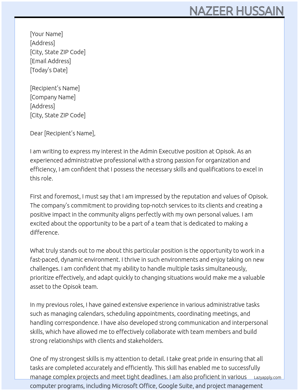 Admin Executive At opisok Cover Letter