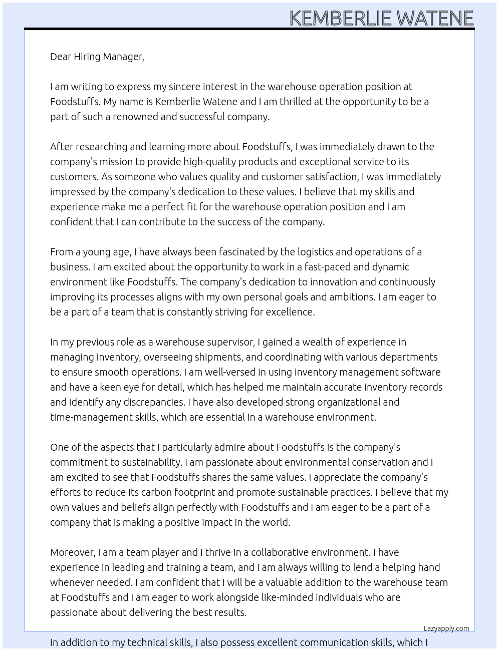 warehouse operation At foodstuffs Cover Letter