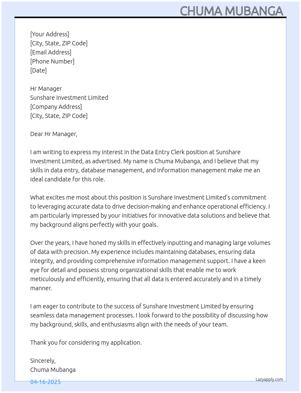 Data entry clerk At Sunshare investment limited Cover Letter