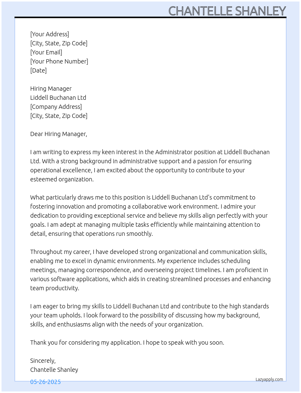 Administrator At Liddell Buchanan Ltd Cover Letter