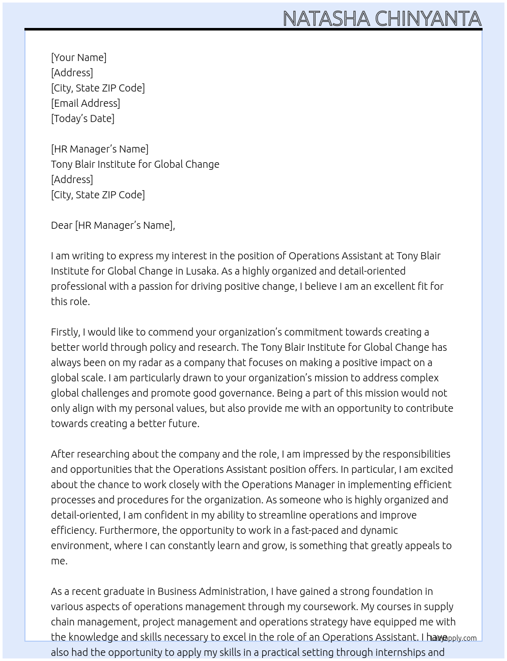 Operations assistant At Tony Blair Institute for Global Change Cover Letter