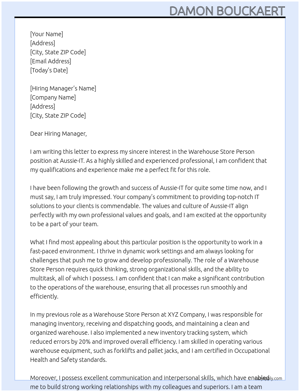 Warehouse Store Person At Aussie-IT Cover Letter