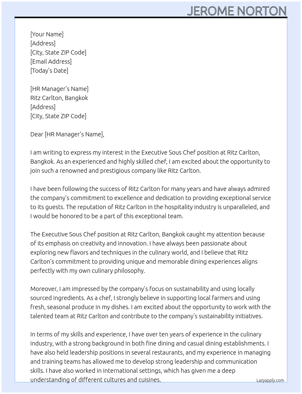 Executive Sous Chef At Ritz Carlton, Bangkok Cover Letter