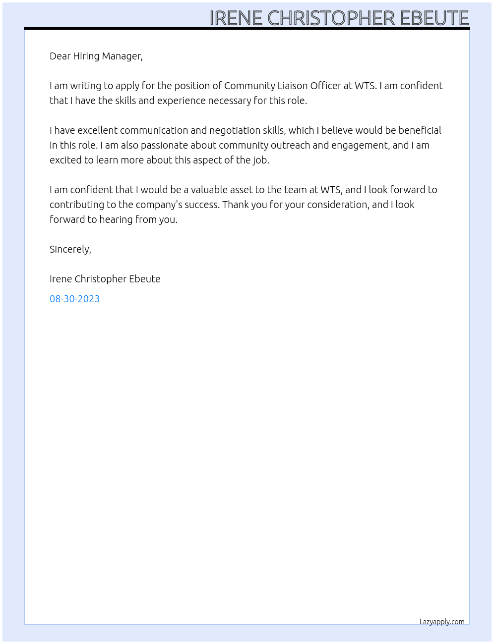 Community Liason Officer At WTS Cover Letter