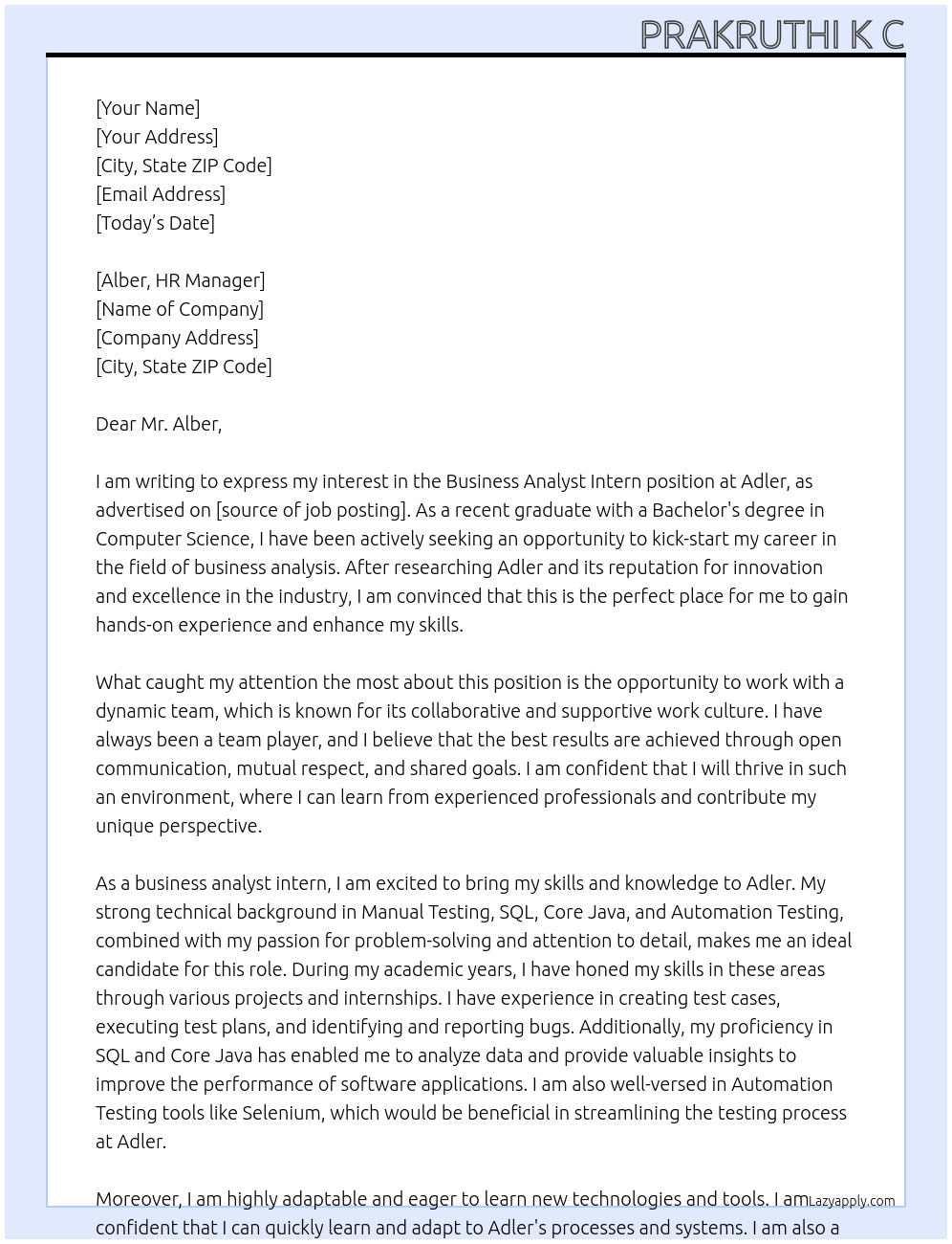 Business analyst intern At Adler Cover Letter