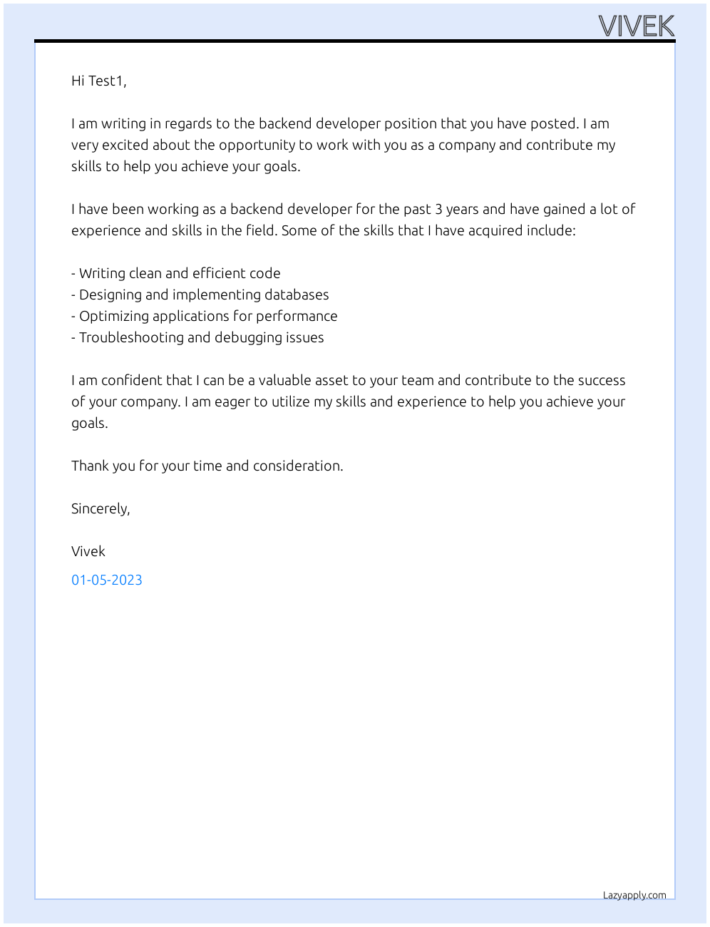 backend developer At Test1 Cover Letter