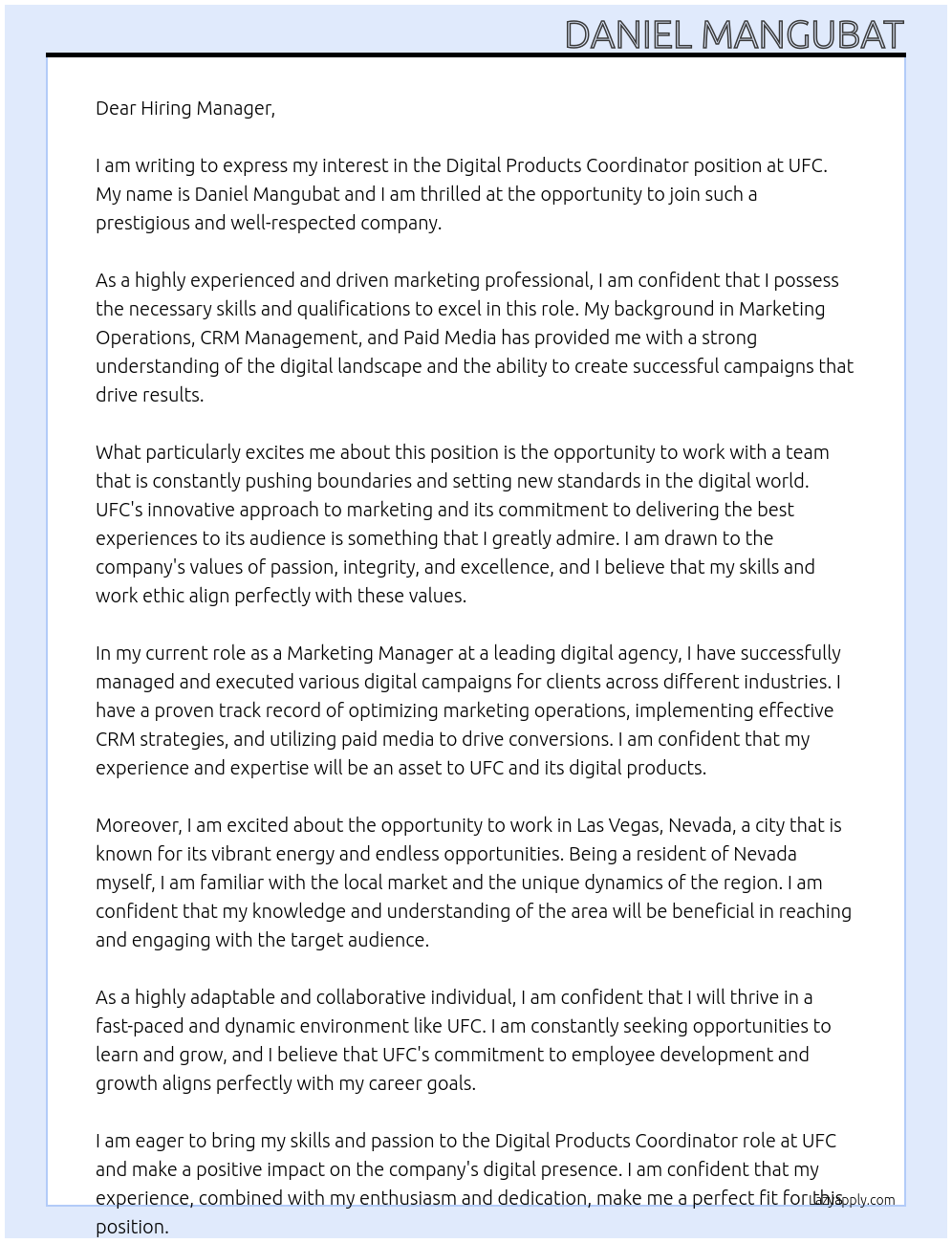 Digital Products Coordinator At UFC Cover Letter