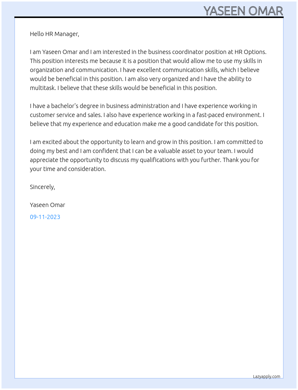 business coordinator At HR Options Cover Letter